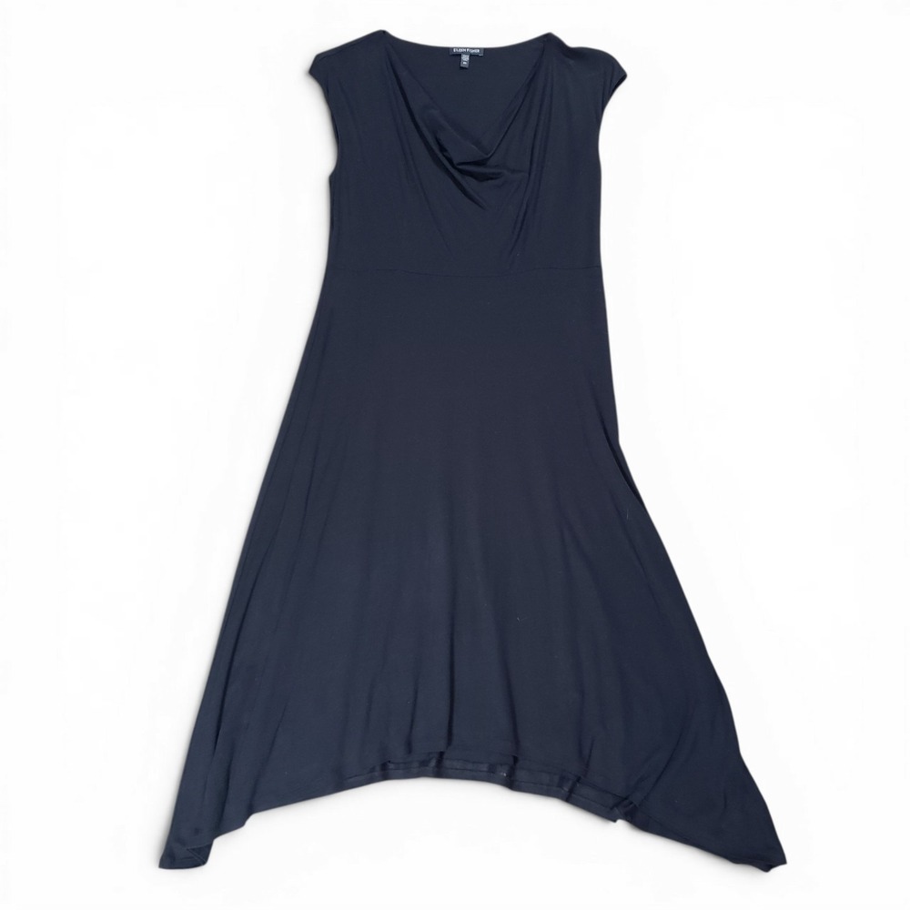 Eileen Fisher Dress XS Black Cowl Neck Asymmetrical Sharkbite Hem Career Witchy